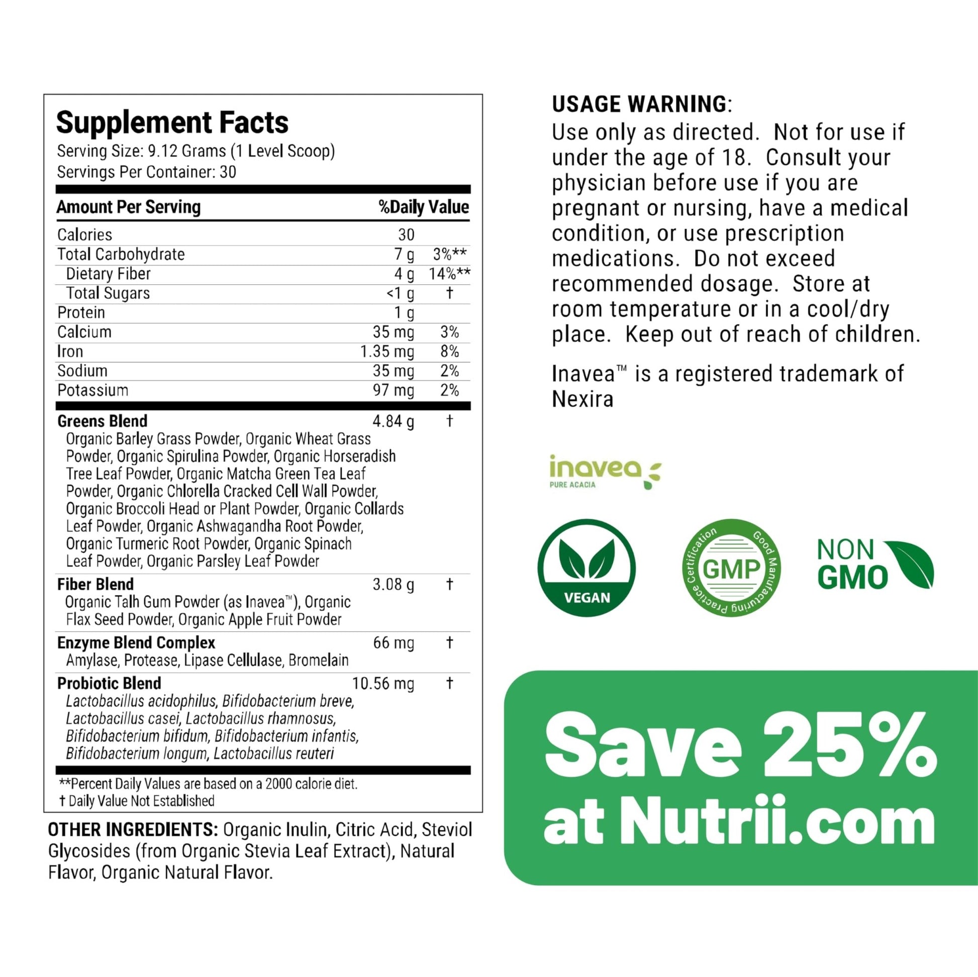 Nutrii Organic Green Immunity Superfood Powder - Soothes Digestion, Boosts Healthy Vitality and Energy. Fast Acting Formula with Probiotics, Enzymes, Turmeric and Ashwagandha (30 Servings Lemon-Mint) - dailyvitalstore