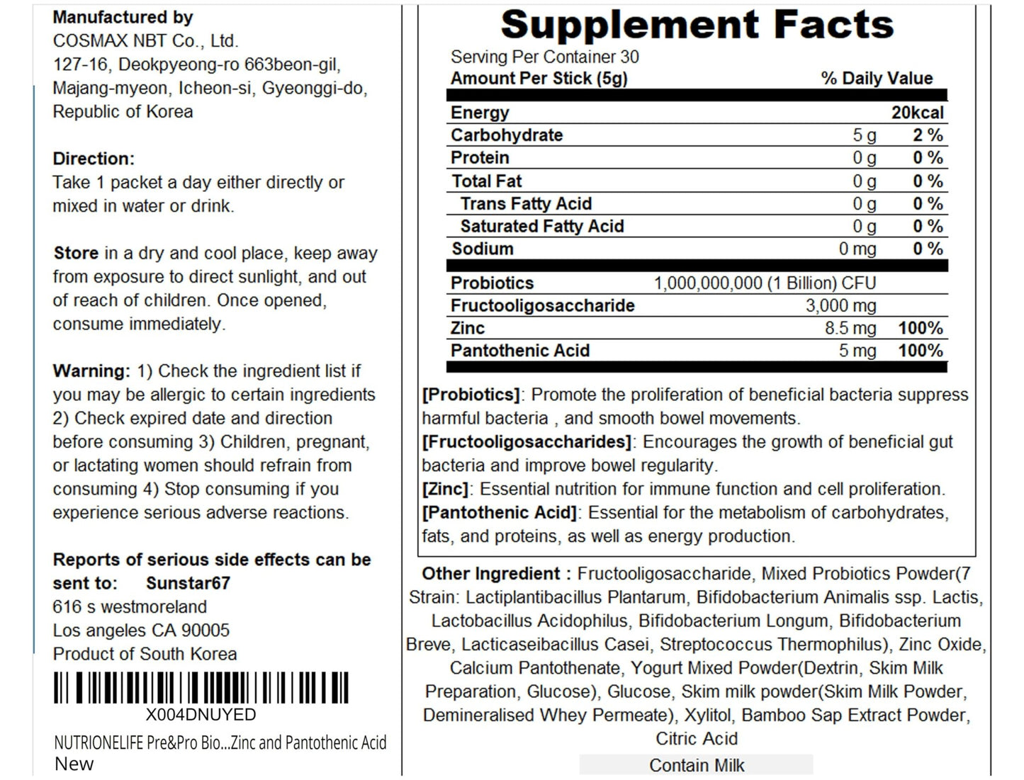 NUTRIONELIFE Pre&Pro Biotics, 1Billion CFU, Powder Type Korea Probiotics, Multi-Strain Probiotic Blend, Supports Digestive Wellness, - dailyvitalstore