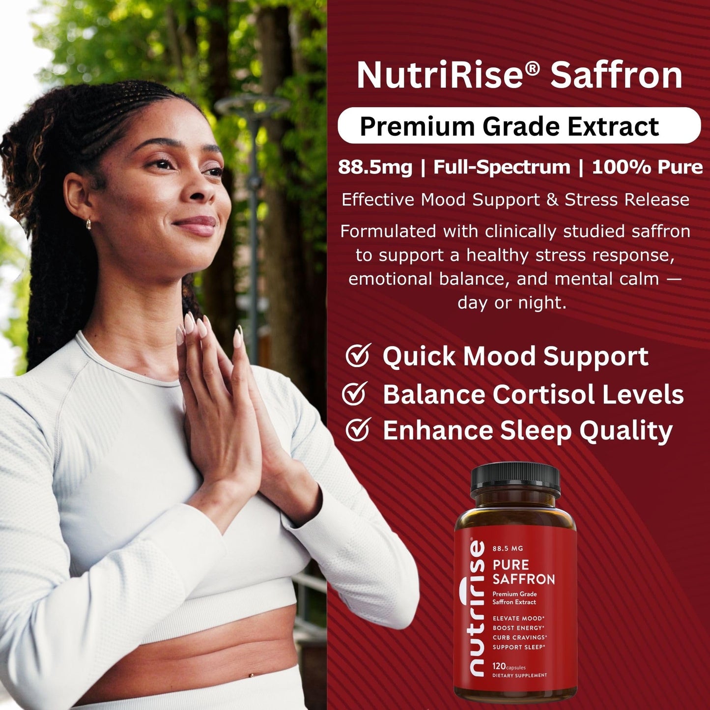 NutriRise Saffron Supplements 120 Capsules, 88.5mg Pure Extract - 4 Month Supply for Mood, Energy, Sleep, Stress & Cortisol Support - Non-GMO - dailyvitalstore