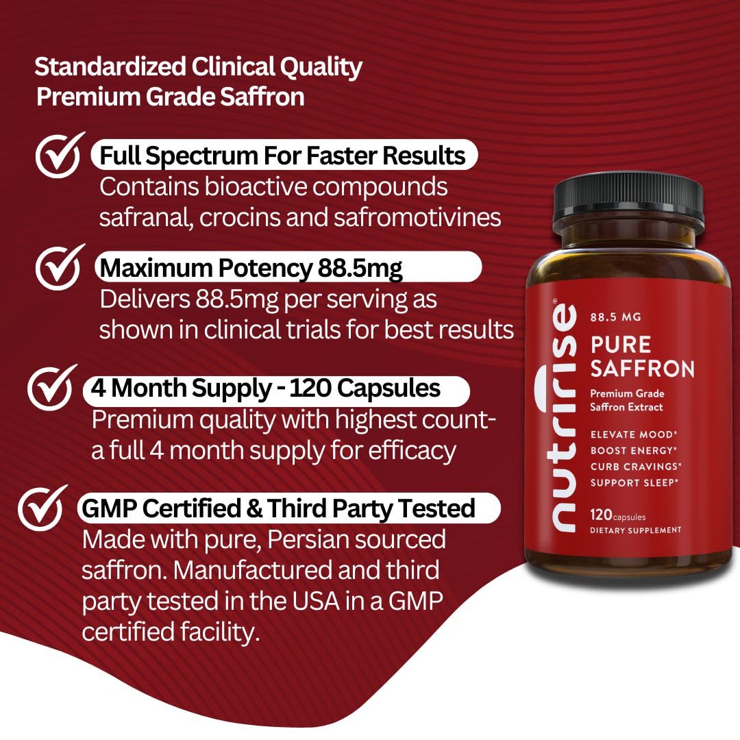 NutriRise Saffron Supplements 120 Capsules, 88.5mg Pure Extract - 4 Month Supply for Mood, Energy, Sleep, Stress & Cortisol Support - Non-GMO - dailyvitalstore