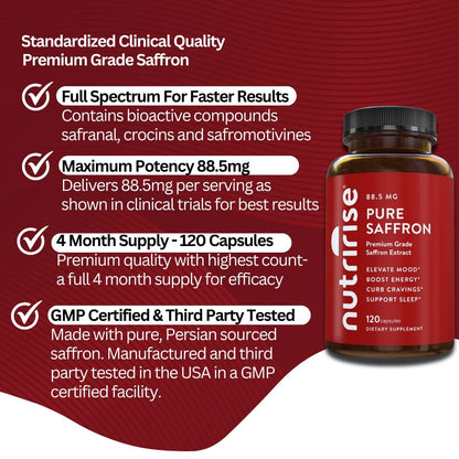 NutriRise Saffron Supplements 120 Capsules, 88.5mg Pure Extract - 4 Month Supply for Mood, Energy, Sleep, Stress & Cortisol Support - Non-GMO - dailyvitalstore