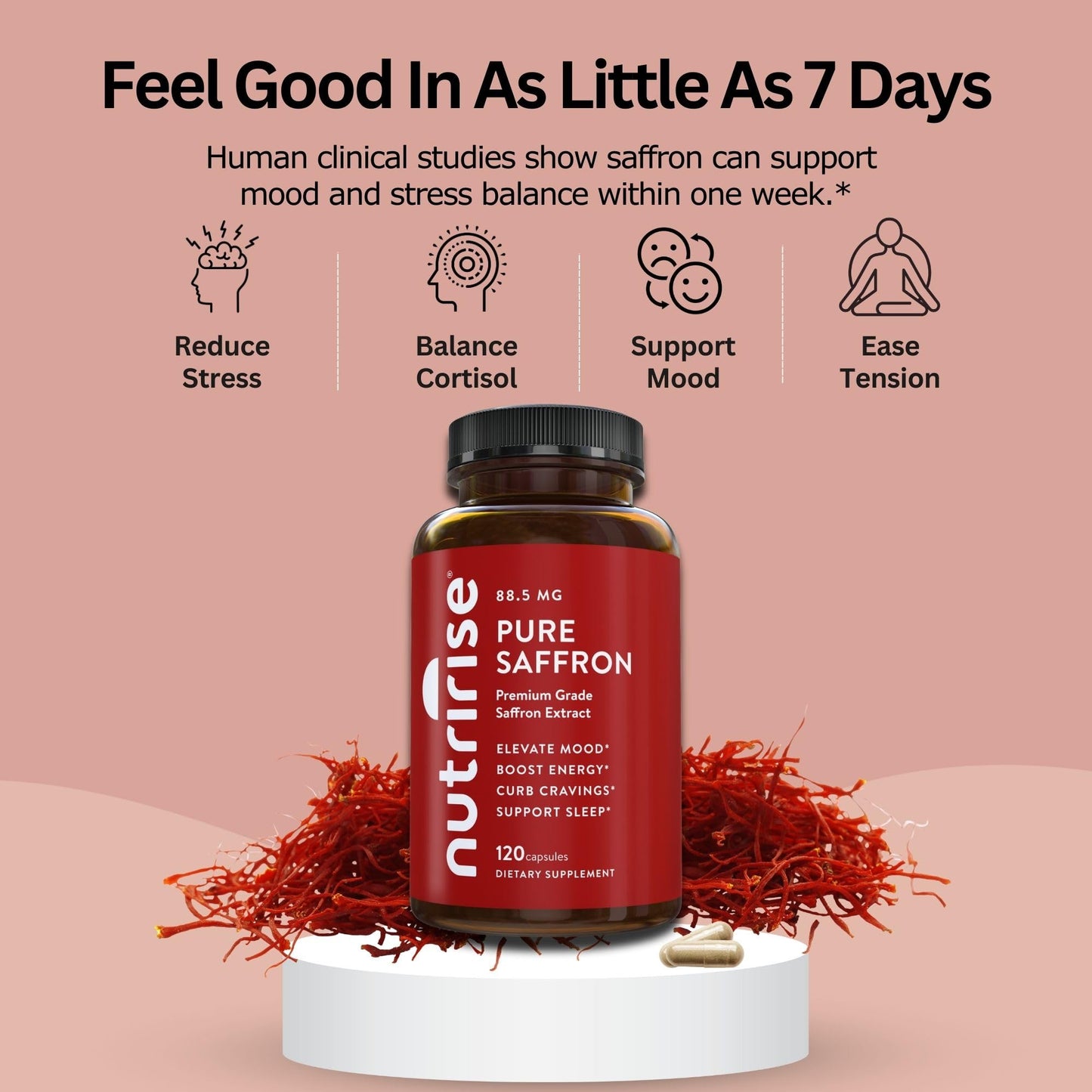 NutriRise Saffron Supplements 120 Capsules, 88.5mg Pure Extract - 4 Month Supply for Mood, Energy, Sleep, Stress & Cortisol Support - Non-GMO - dailyvitalstore