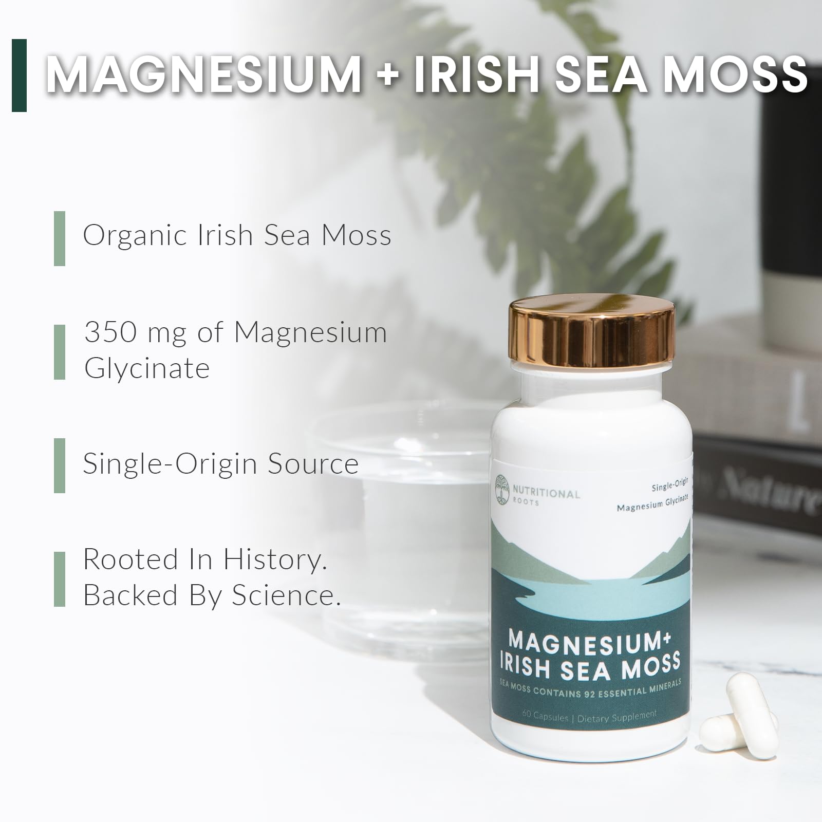 Nutritional Roots - Magnesium + Irish Sea Moss - 350mg Magnesium Glycinate & Organic Irish Sea Moss - Essential Minerals - Supports Heart & Bone Health - Dietary Supplement - 30 Servings - 60 Capsules - dailyvitalstore