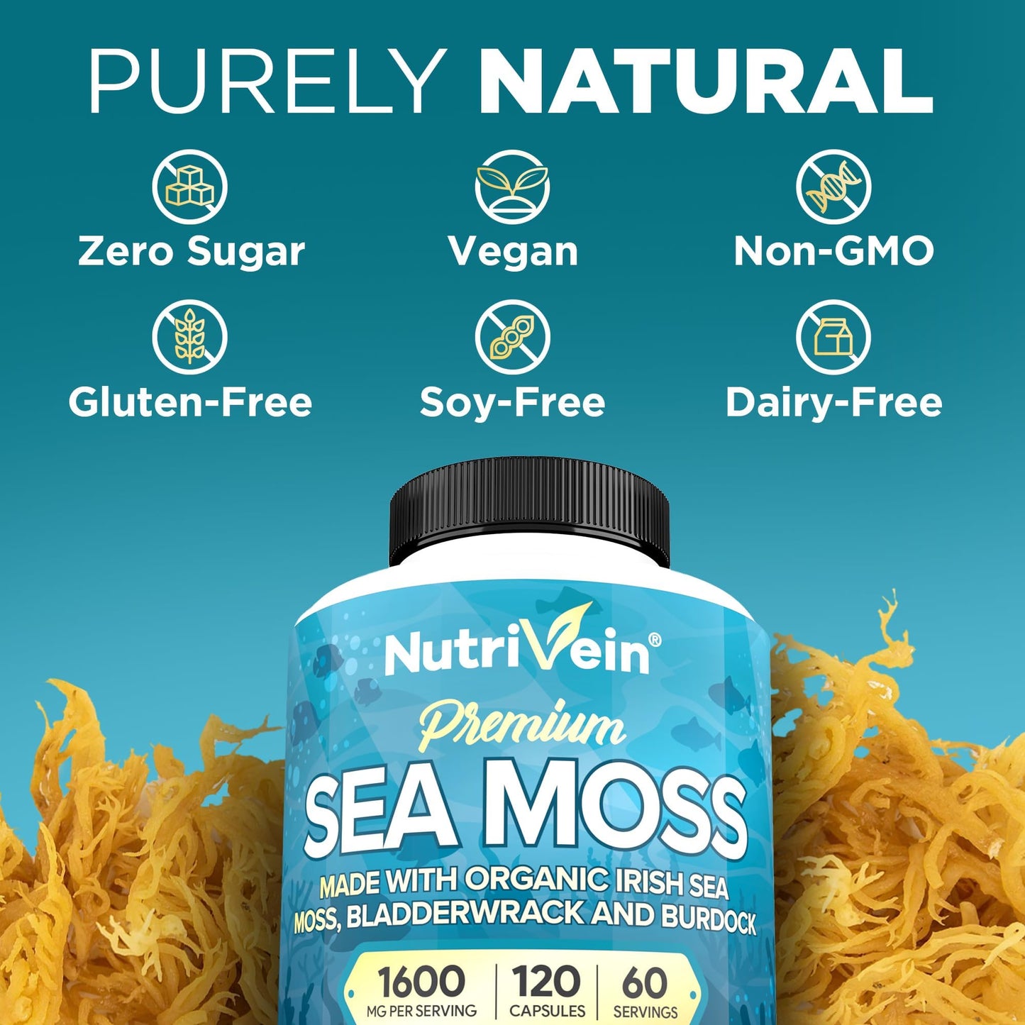 Nutrivein Organic Sea Moss 1600mg Plus Bladderwrack & Burdock - 120 Caps for Adults - Prebiotic Super-Food - Immune System & Digestive Health - dailyvitalstore