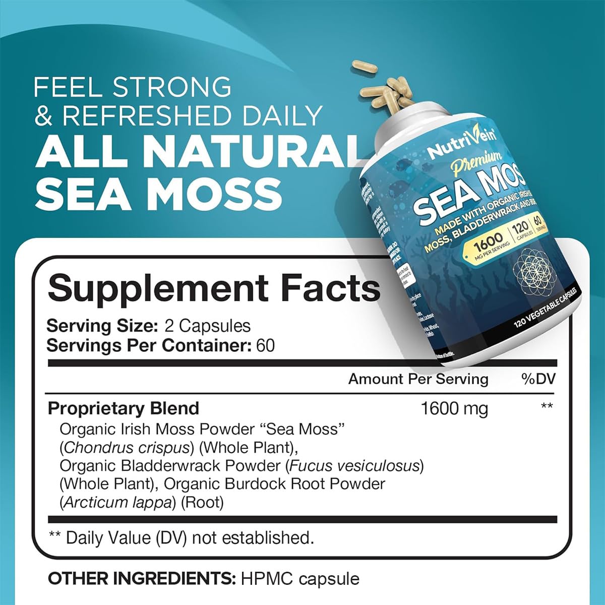 Nutrivein Organic Sea Moss 1600mg Plus Bladderwrack & Burdock - 120 Caps for Adults - Prebiotic Super-Food - Immune System & Digestive Health - dailyvitalstore
