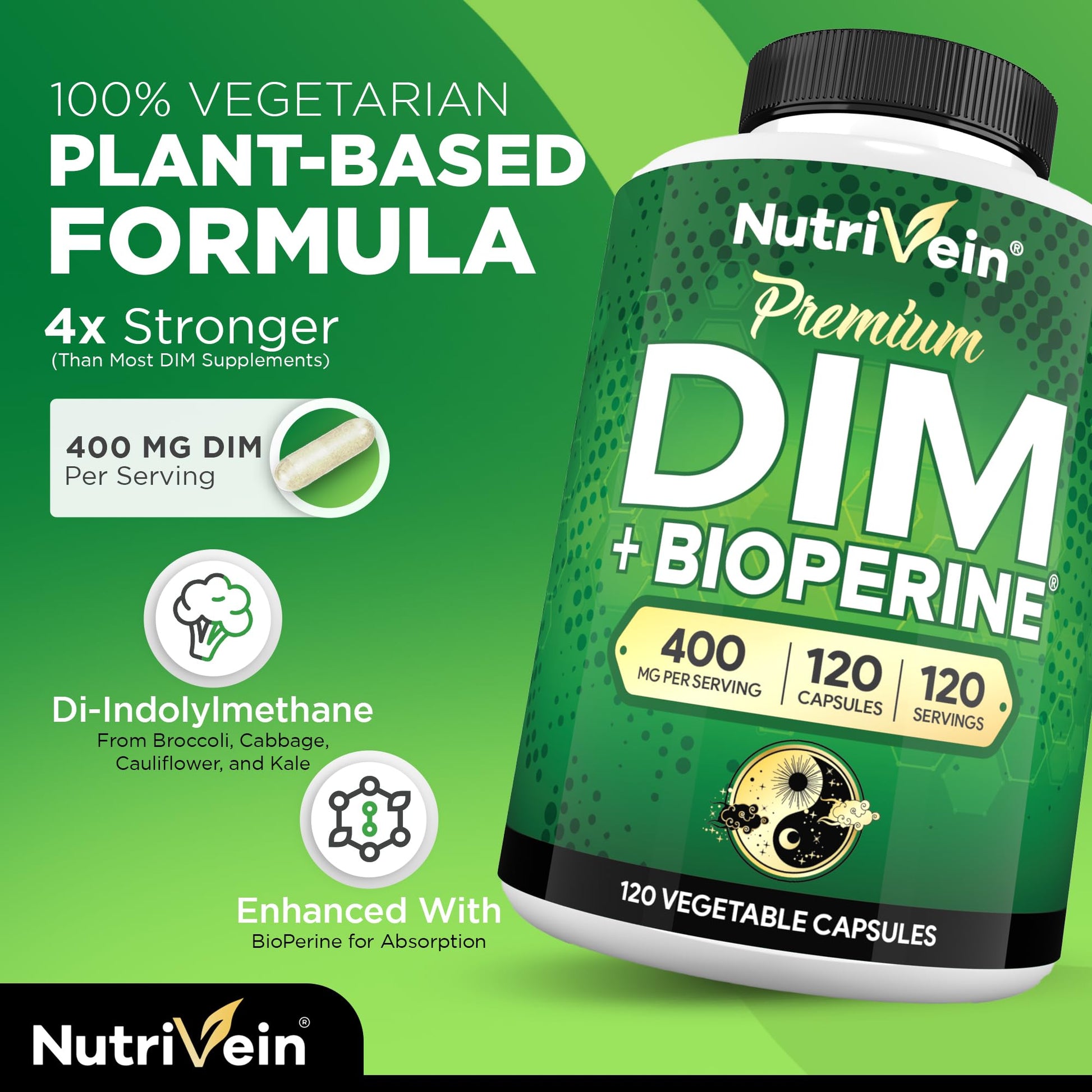 Nutrivein Premium DIM Supplement 400 mg Daily - 120 Servings (120 Capsules): Diindolylmethane for Women and Men - Plus Bioperine - Estrogen Supplement - Menopause and Middle Age Support - dailyvitalstore