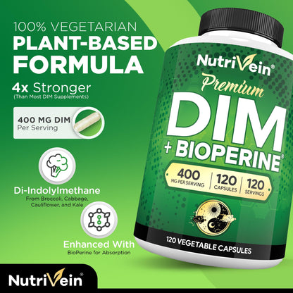 Nutrivein Premium DIM Supplement 400 mg Daily - 120 Servings (120 Capsules): Diindolylmethane for Women and Men - Plus Bioperine - Estrogen Supplement - Menopause and Middle Age Support - dailyvitalstore