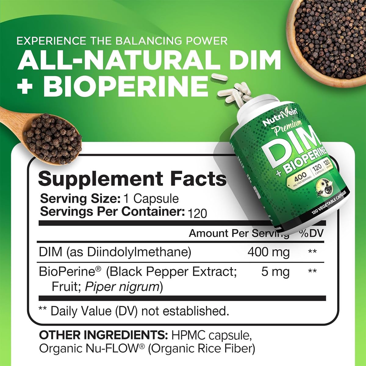 Nutrivein Premium DIM Supplement 400 mg Daily - 120 Servings (120 Capsules): Diindolylmethane for Women and Men - Plus Bioperine - Estrogen Supplement - Menopause and Middle Age Support - dailyvitalstore