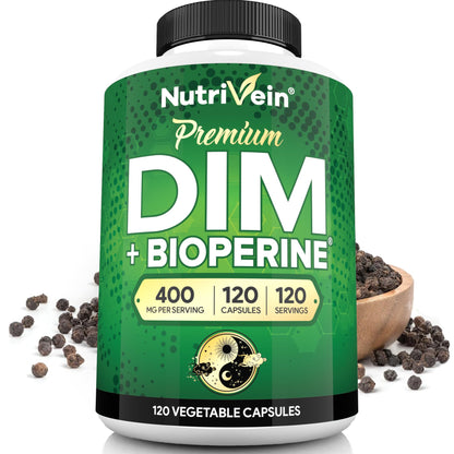 Nutrivein Premium DIM Supplement 400 mg Daily - 120 Servings (120 Capsules): Diindolylmethane for Women and Men - Plus Bioperine - Estrogen Supplement - Menopause and Middle Age Support - dailyvitalstore