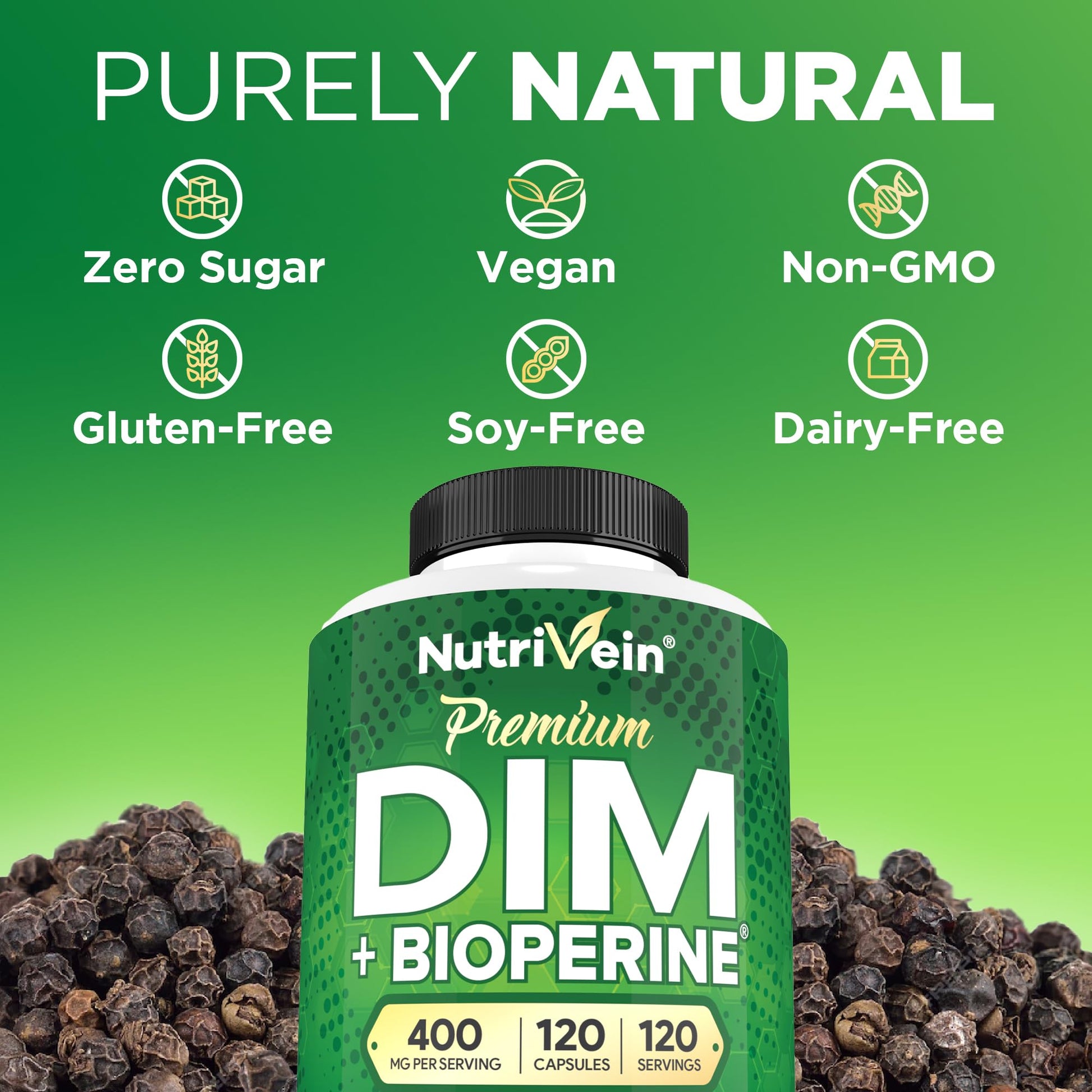 Nutrivein Premium DIM Supplement 400 mg Daily - 120 Servings (120 Capsules): Diindolylmethane for Women and Men - Plus Bioperine - Estrogen Supplement - Menopause and Middle Age Support - dailyvitalstore
