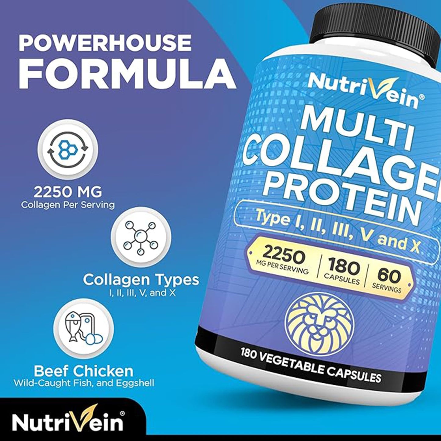Nutrivein Premium Multi Collagen Pills 2250 mg - 180 Easy-to-Swallow Collagen Capsules: Type I, II, III, V, X Hydrolyzed Protein Peptides for Women and Men - dailyvitalstore