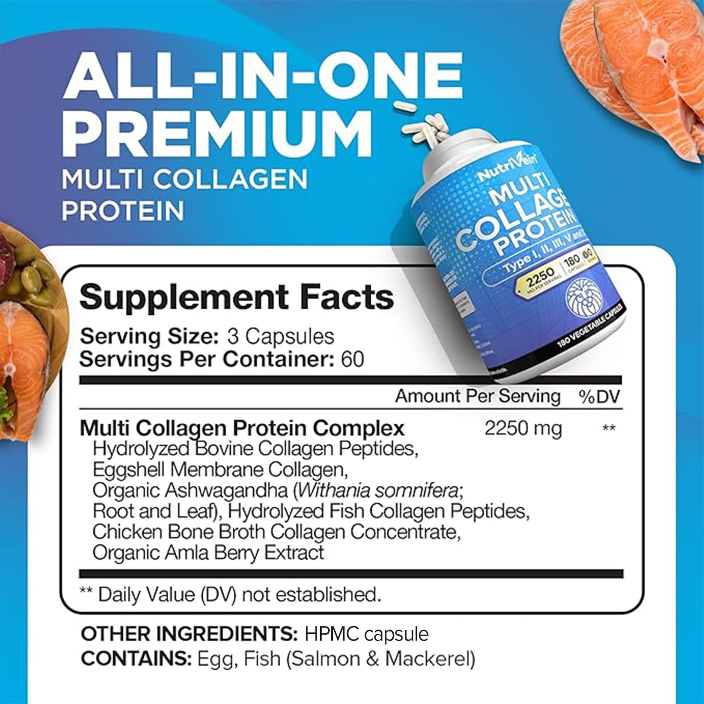 Nutrivein Premium Multi Collagen Pills 2250 mg - 180 Easy-to-Swallow Collagen Capsules: Type I, II, III, V, X Hydrolyzed Protein Peptides for Women and Men - dailyvitalstore