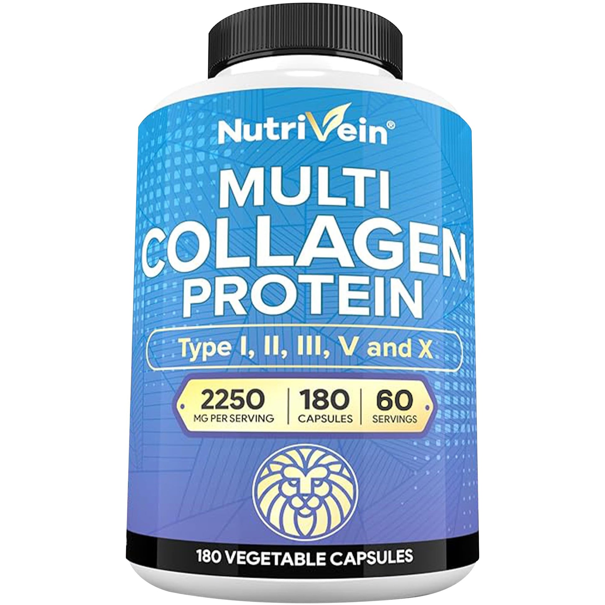 Nutrivein Premium Multi Collagen Pills 2250 mg - 180 Easy-to-Swallow Collagen Capsules: Type I, II, III, V, X Hydrolyzed Protein Peptides for Women and Men - dailyvitalstore
