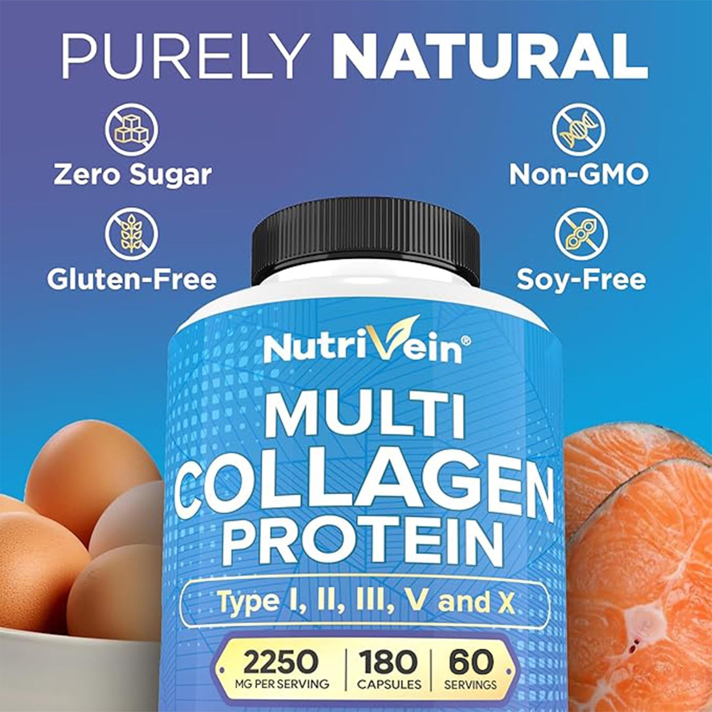 Nutrivein Premium Multi Collagen Pills 2250 mg - 180 Easy-to-Swallow Collagen Capsules: Type I, II, III, V, X Hydrolyzed Protein Peptides for Women and Men - dailyvitalstore