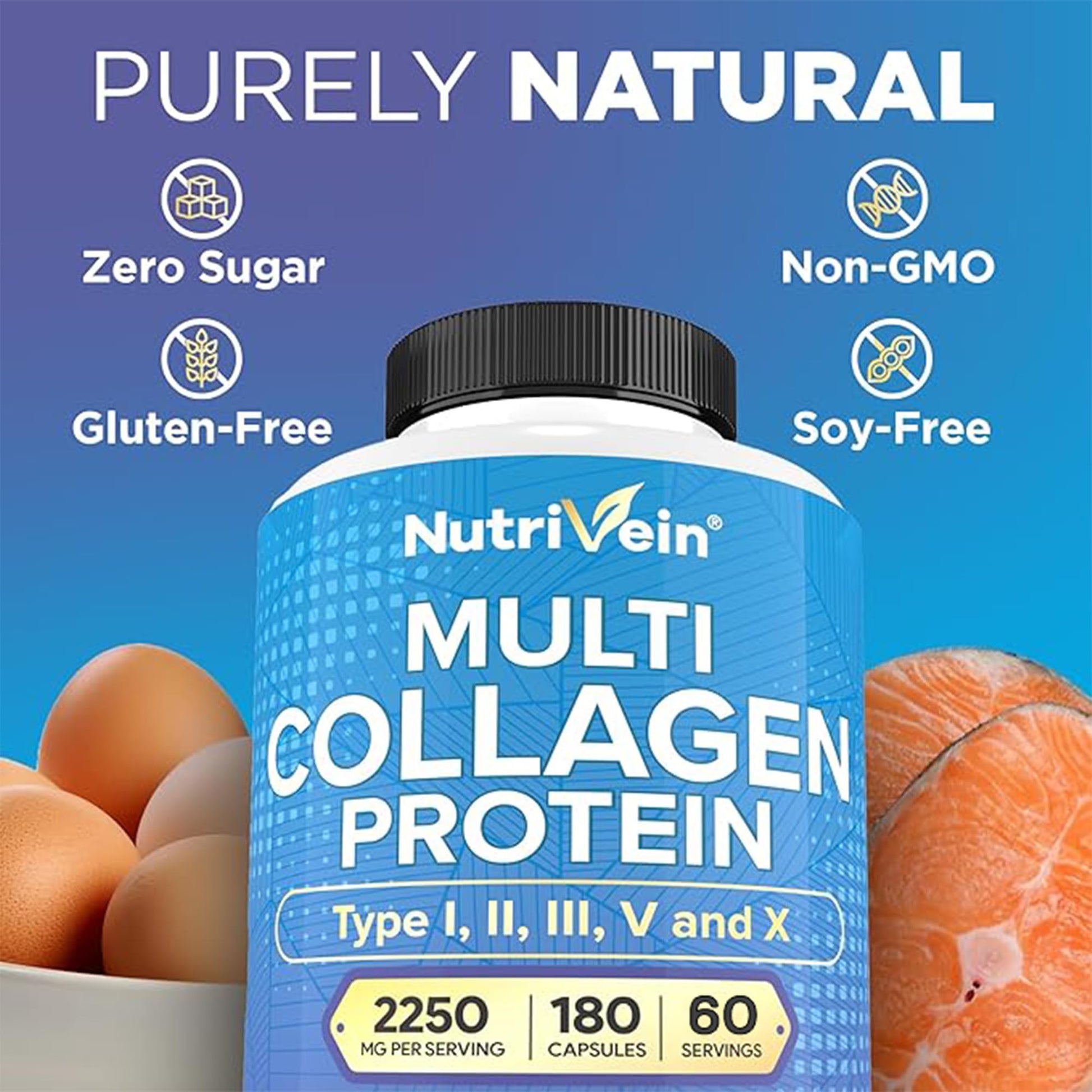 Nutrivein Premium Multi Collagen Pills 2250 mg - 180 Easy-to-Swallow Collagen Capsules: Type I, II, III, V, X Hydrolyzed Protein Peptides for Women and Men - dailyvitalstore