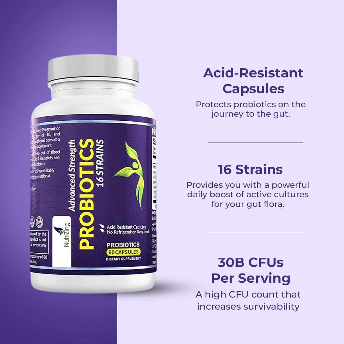NutriZing Vegan Probiotics for Digestive Health - 30 Billion CFU & 16 strains - Bifidobacterium & Lactobacillus Probiotics for Men & Women - dailyvitalstore