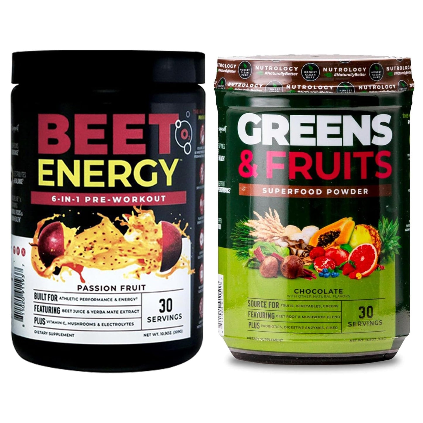 Nutrology Greens & Fruits Powder-Naturally Sourced Superfood, Chocolate (30 Servings) Beet Natural O2, Pre Workout Powder, Passion Fruit Flavor (30 Servings) - dailyvitalstore