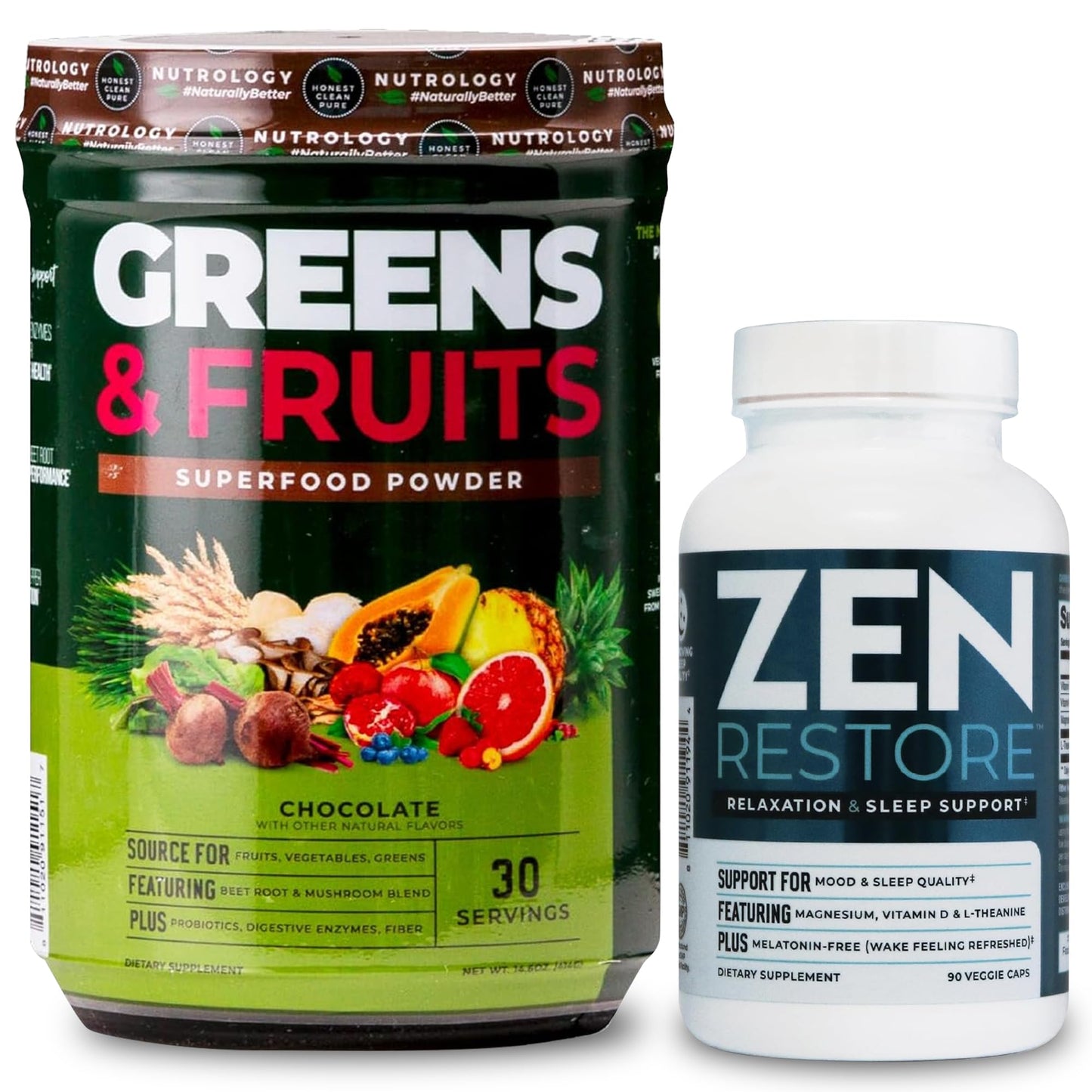 Nutrology Greens & Fruits Powder-Naturally Sourced Superfood, Chocolate (30 Servings) Zen Natural Magnesium Supplement (30 Servings) - dailyvitalstore