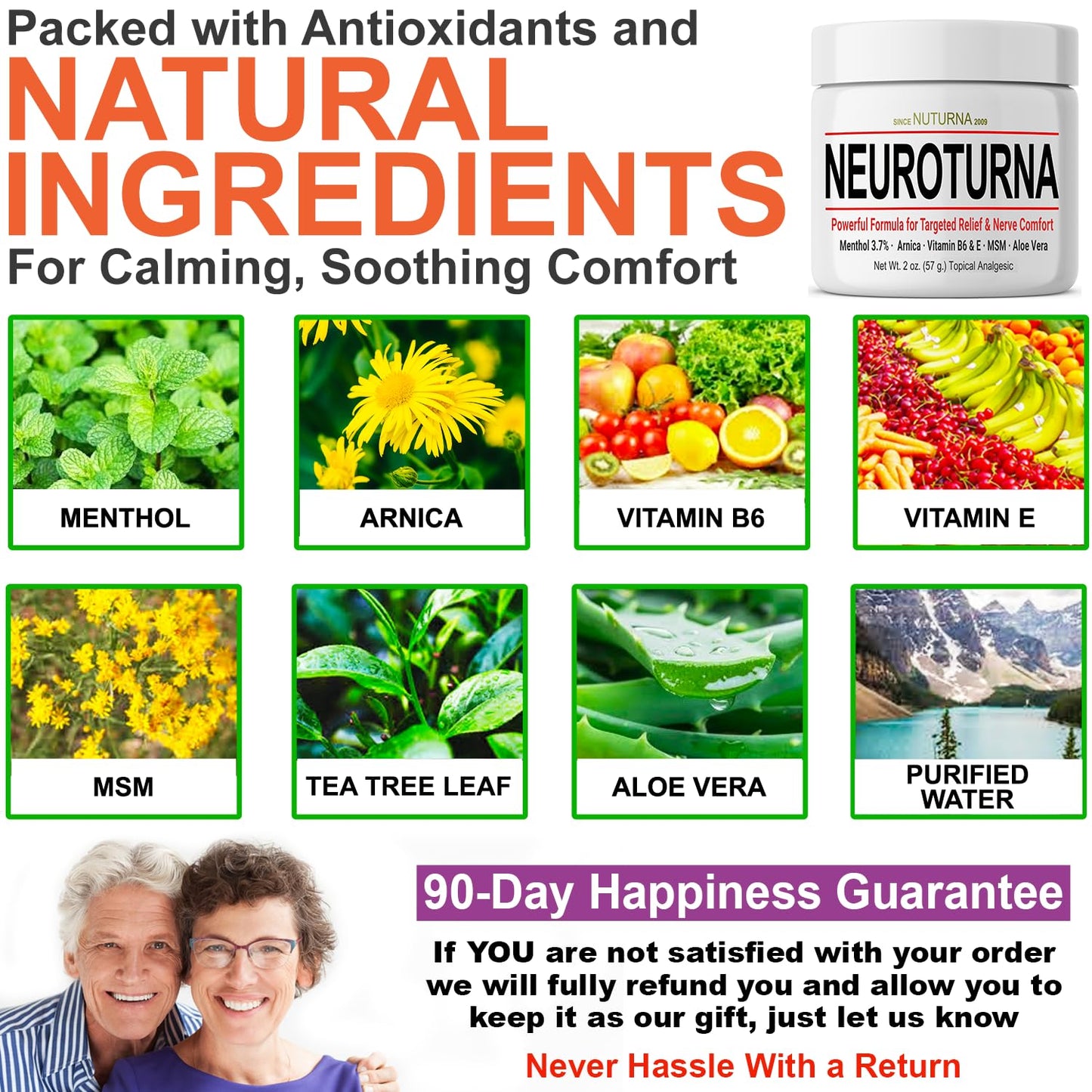 Nuturna Nerve Cream - Fast Acting Comfort for Feet, Hands, Legs & Toes - Ultra Strength Menthol, Arnica, Aloe Vera, MSM - Cooling Soothing Comfort - Non-Greasy, Paraben-Free - 4 oz - dailyvitalstore