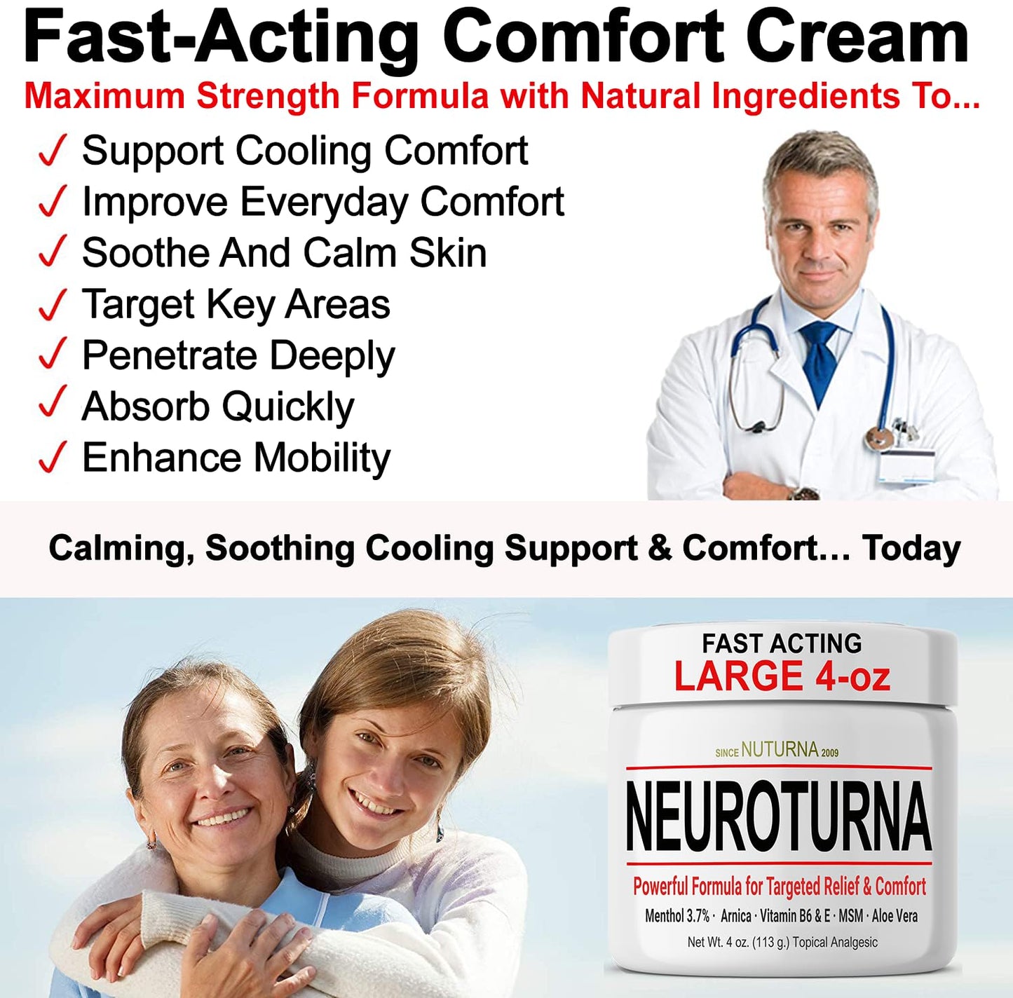 Nuturna Nerve Cream - Fast Acting Comfort for Feet, Hands, Legs & Toes - Ultra Strength Menthol, Arnica, Aloe Vera, MSM - Cooling Soothing Comfort - Non-Greasy, Paraben-Free - 4 oz - dailyvitalstore
