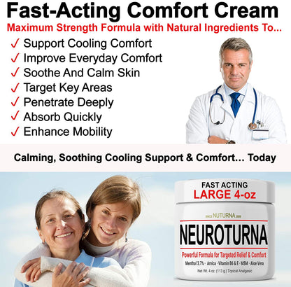 Nuturna Nerve Cream - Fast Acting Comfort for Feet, Hands, Legs & Toes - Ultra Strength Menthol, Arnica, Aloe Vera, MSM - Cooling Soothing Comfort - Non-Greasy, Paraben-Free - 4 oz - dailyvitalstore