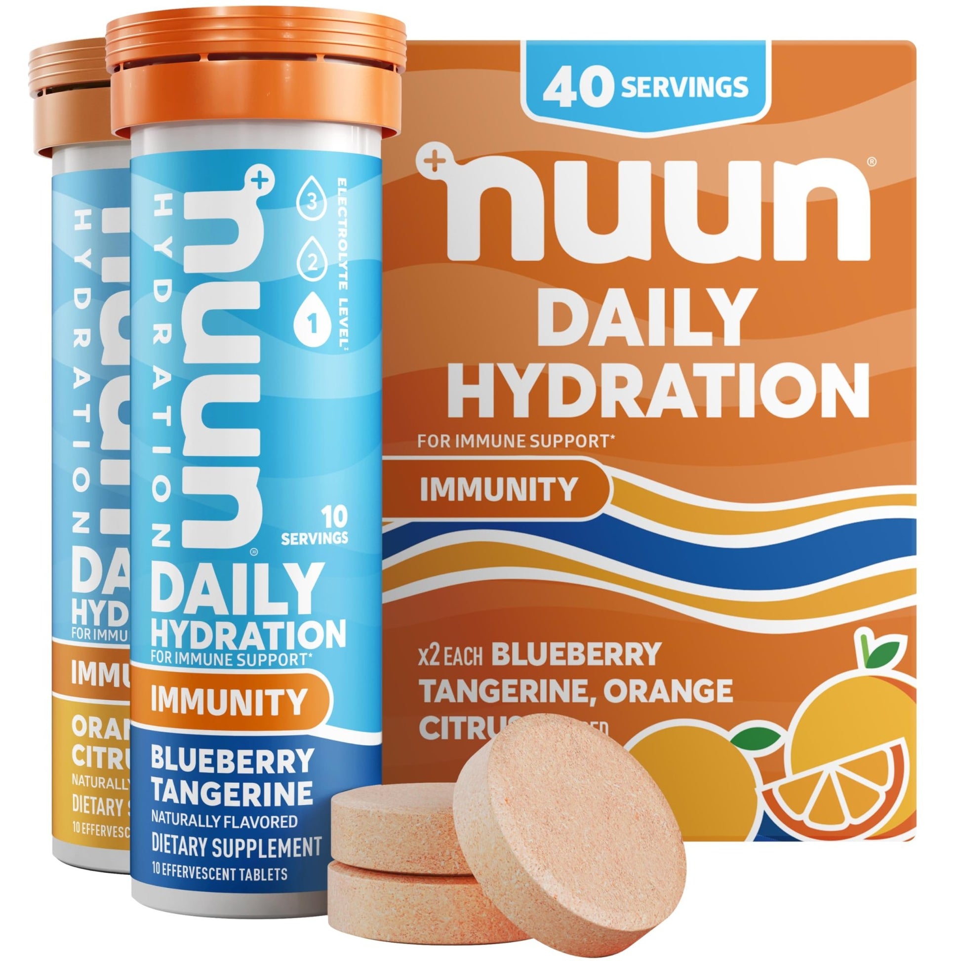 Nuun Immunity Electrolyte Tablets with Vitamin D, C, E, & A, Ginger, Elderberry, Magnesium & 4 Other Essential Electrolytes, Vegan, Blueberry Tangerine & Orange Citrus, 4 Pack (40 Servings Total) - dailyvitalstore