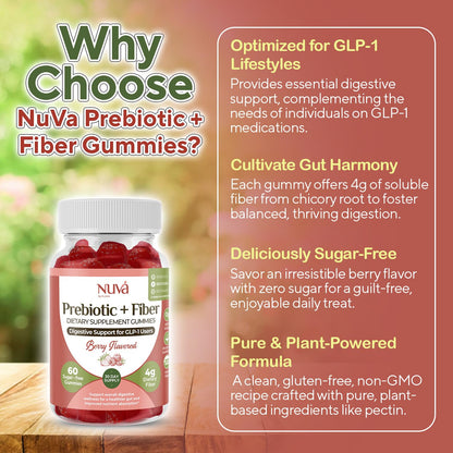 NuVa by Trulore Prebiotic + Fiber Gummies | User Nutritional Support | Sugar Free Fiber Gummies for Adults | Berry Flavor | Non-GMO Digestive Balance for Men & Women | 60 Gummies - 30 day Supply - dailyvitalstore