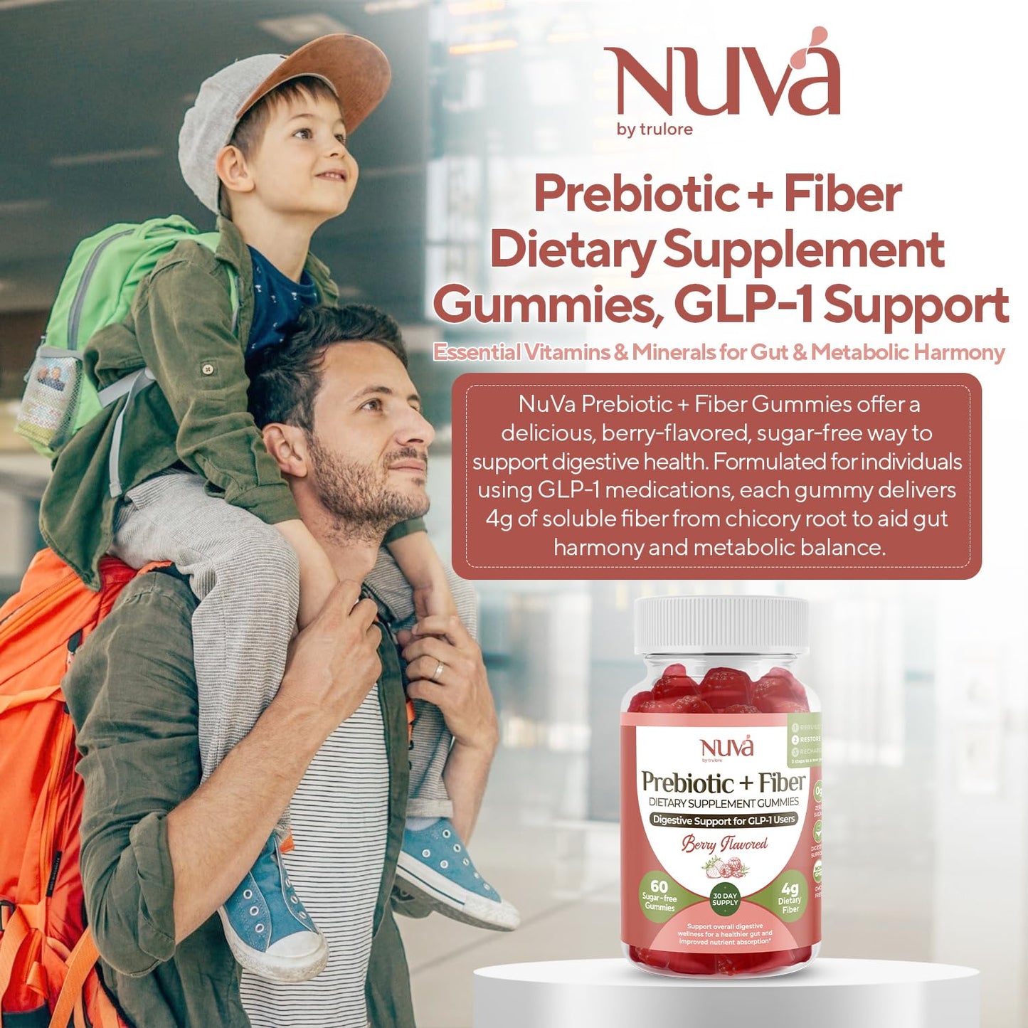 NuVa by Trulore Prebiotic + Fiber Gummies | User Nutritional Support | Sugar Free Fiber Gummies for Adults | Berry Flavor | Non-GMO Digestive Balance for Men & Women | 60 Gummies - 30 day Supply - dailyvitalstore