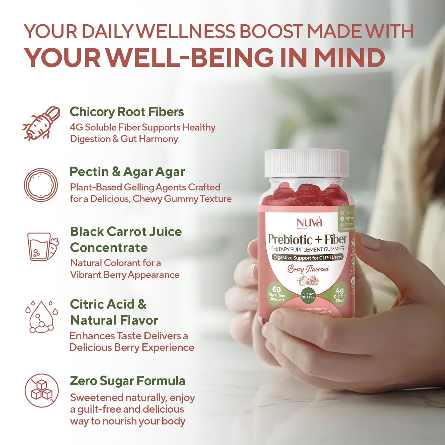 NuVa by Trulore Prebiotic + Fiber Gummies | User Nutritional Support | Sugar Free Fiber Gummies for Adults | Berry Flavor | Non-GMO Digestive Balance for Men & Women | 60 Gummies - 30 day Supply - dailyvitalstore
