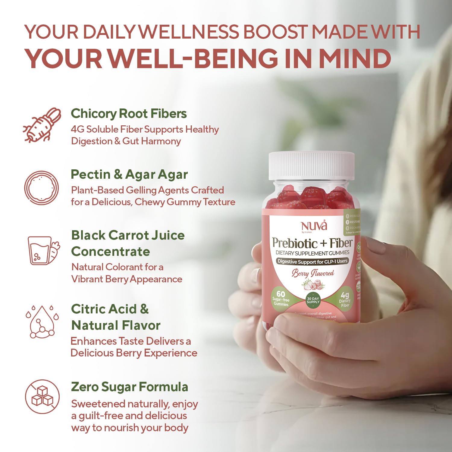 NuVa by Trulore Prebiotic + Fiber Gummies | User Nutritional Support | Sugar Free Fiber Gummies for Adults | Berry Flavor | Non-GMO Digestive Balance for Men & Women | 60 Gummies - 30 day Supply - dailyvitalstore
