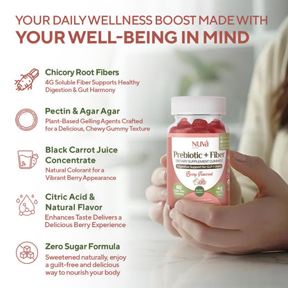 NuVa by Trulore Prebiotic + Fiber Gummies | User Nutritional Support | Sugar Free Fiber Gummies for Adults | Berry Flavor | Non-GMO Digestive Balance for Men & Women | 60 Gummies - 30 day Supply - dailyvitalstore