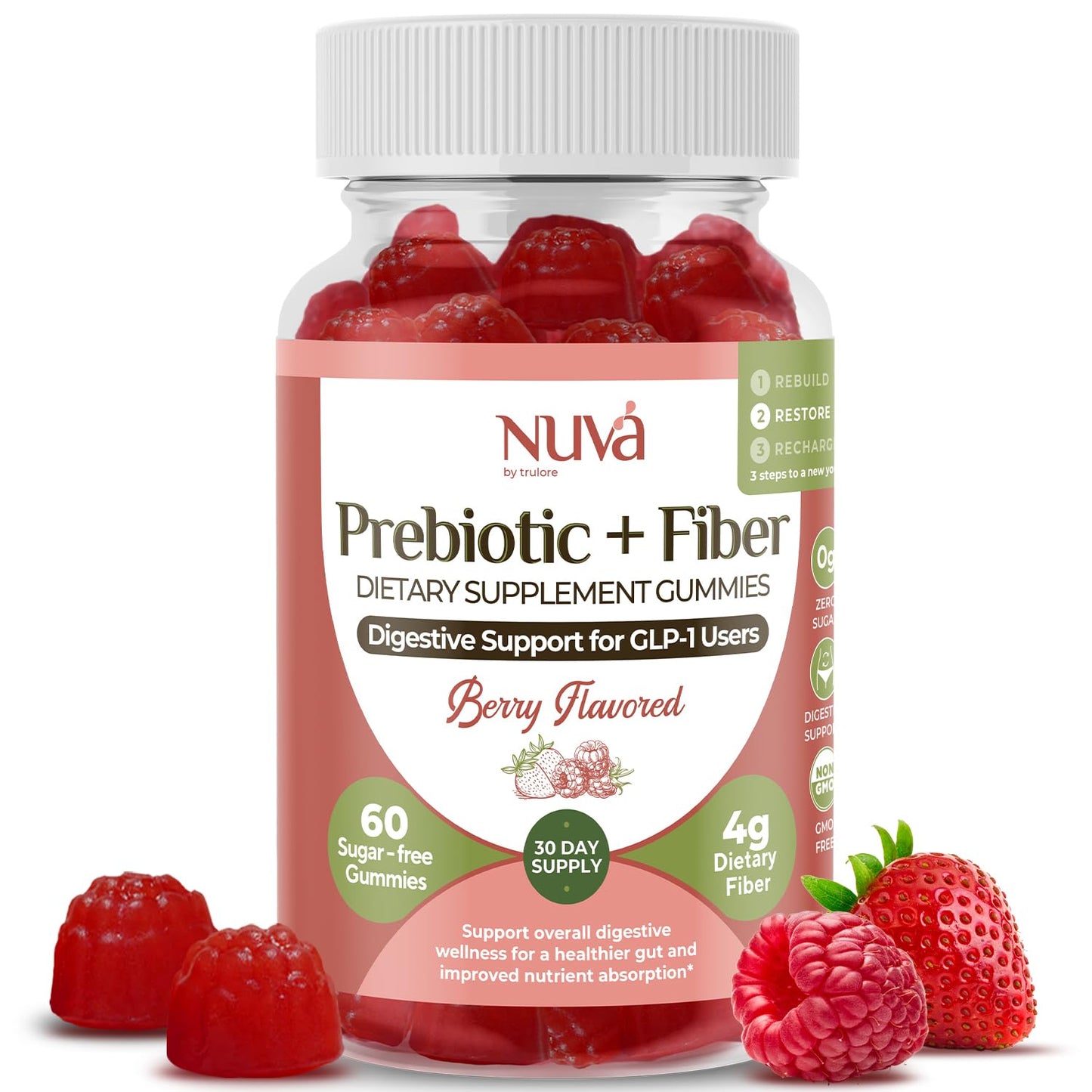 NuVa by Trulore Prebiotic + Fiber Gummies | User Nutritional Support | Sugar Free Fiber Gummies for Adults | Berry Flavor | Non-GMO Digestive Balance for Men & Women | 60 Gummies - 30 day Supply - dailyvitalstore