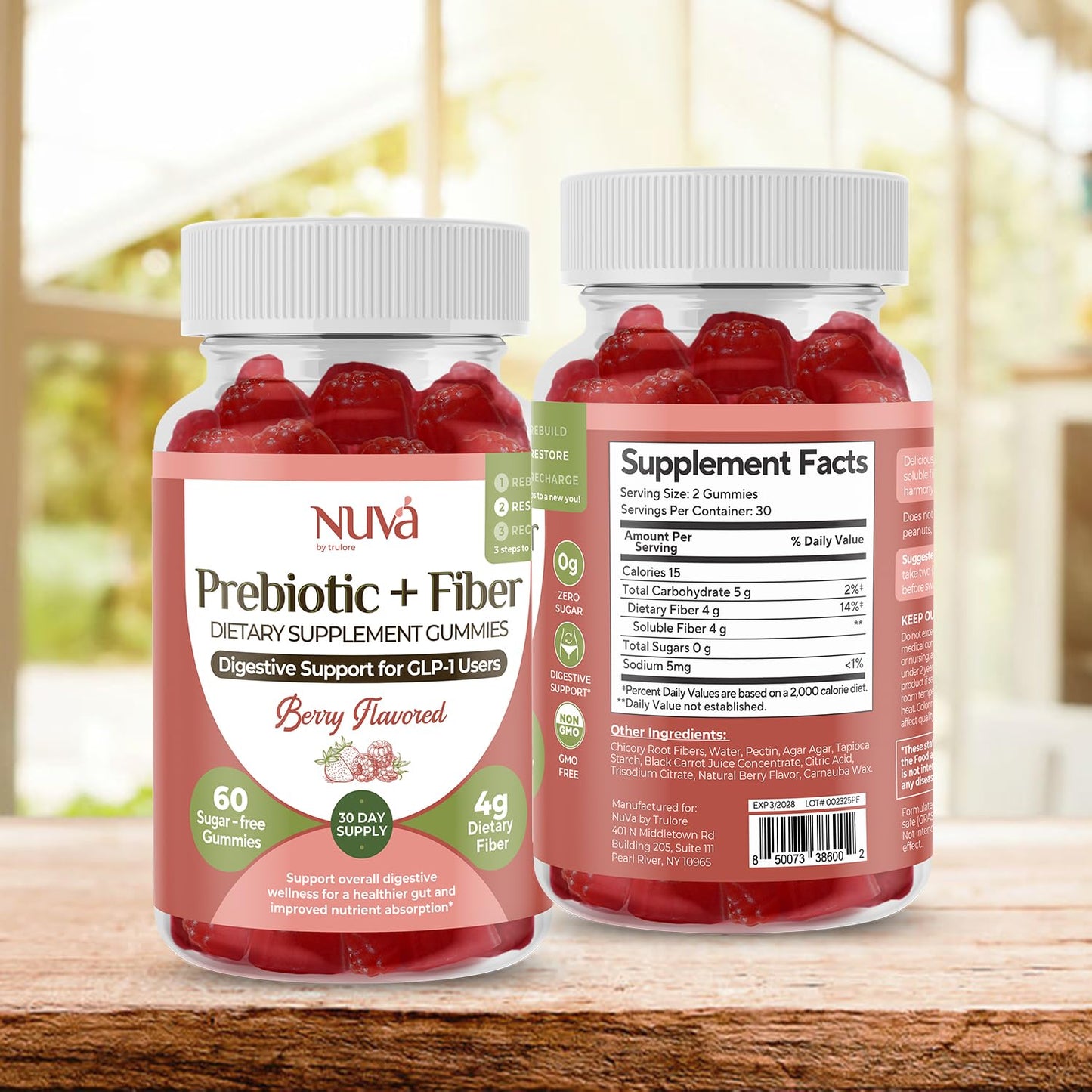 NuVa by Trulore Prebiotic + Fiber Gummies | User Nutritional Support | Sugar Free Fiber Gummies for Adults | Berry Flavor | Non-GMO Digestive Balance for Men & Women | 60 Gummies - 30 day Supply - dailyvitalstore