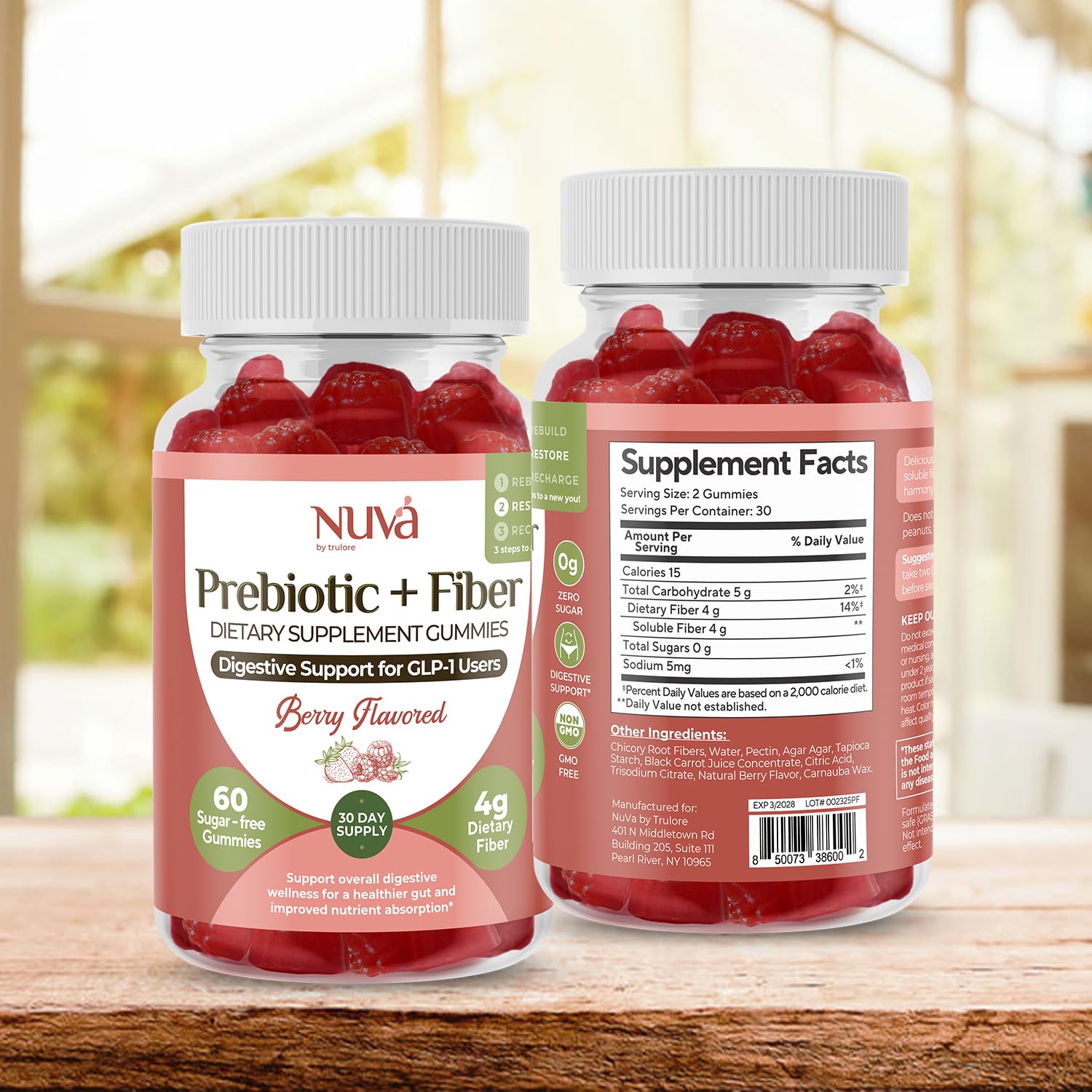NuVa by Trulore Prebiotic + Fiber Gummies | User Nutritional Support | Sugar Free Fiber Gummies for Adults | Berry Flavor | Non-GMO Digestive Balance for Men & Women | 60 Gummies - 30 day Supply - dailyvitalstore