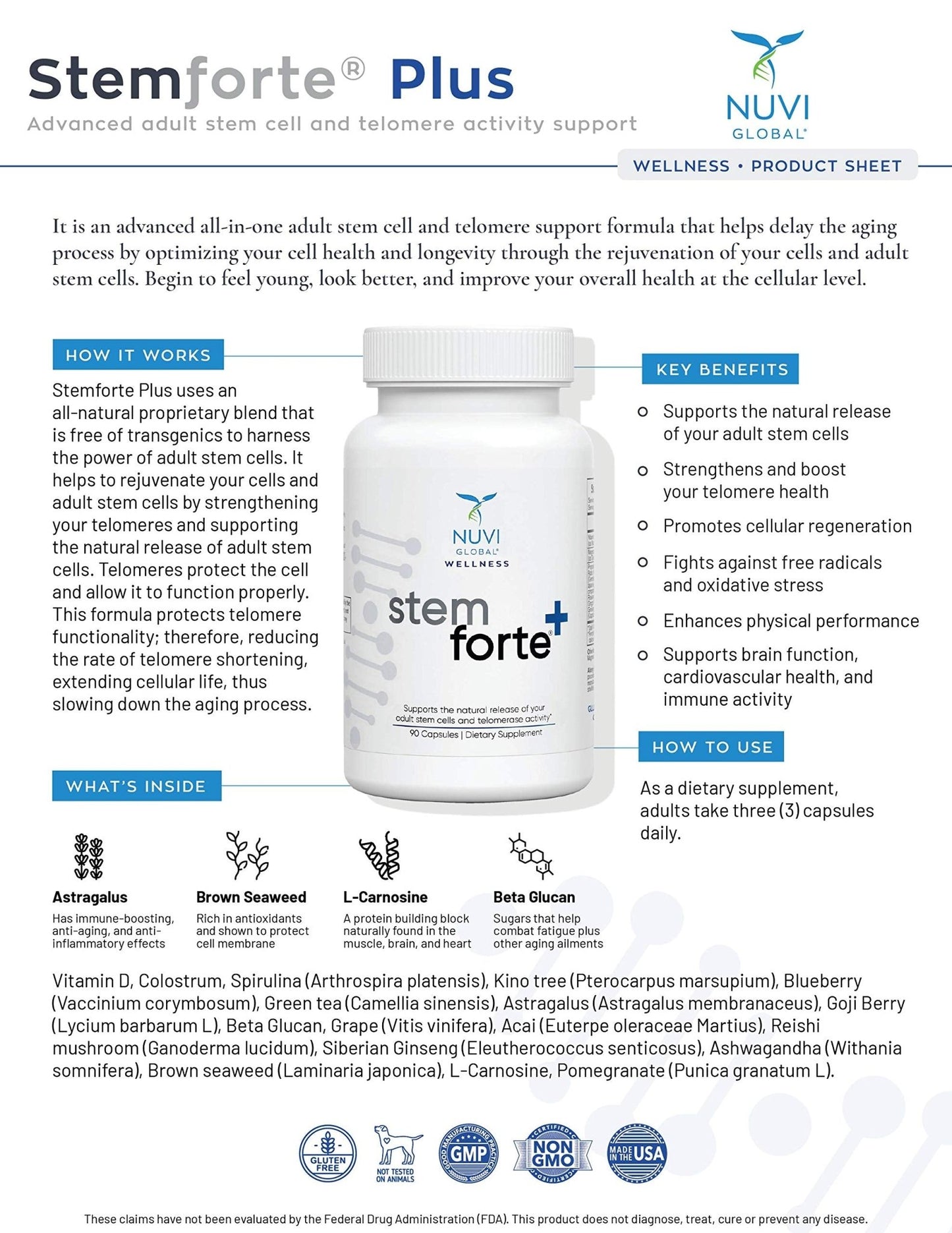 NuVi Global Stemforte Plus Stem Cell and Telomere Supplements – Cell Regeneration, Cell Growth & Telomere Support for Healthy Aging & Cellular Health – 90 Capsules for Men & Women - dailyvitalstore