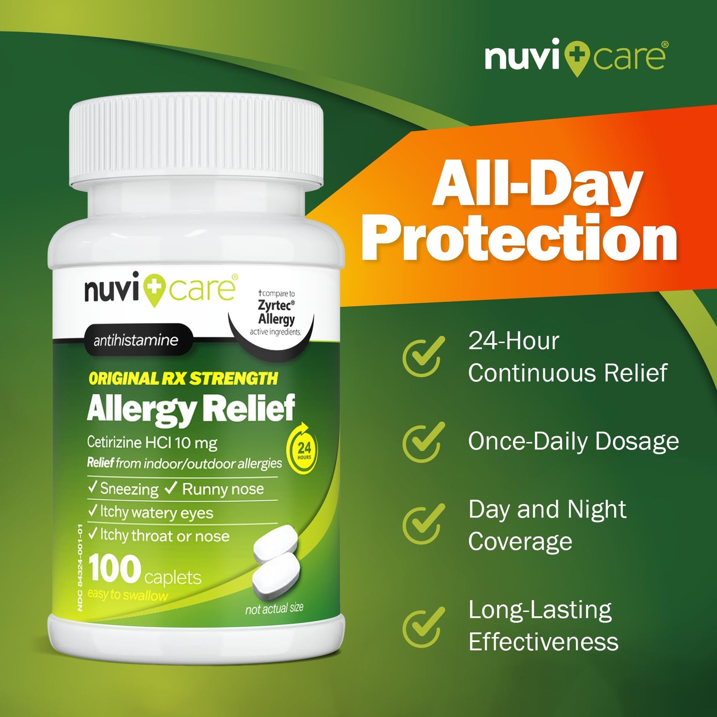 Nuvicare 24-Hour Allergy Medicine - Cetirizine Hydrochloride 10mg Tablets - Compare to the Active Ingredient in Zyrtec Antihistamine Meds - Generic Allergy Pills for All Day Allergy Relief (100 Count) - dailyvitalstore