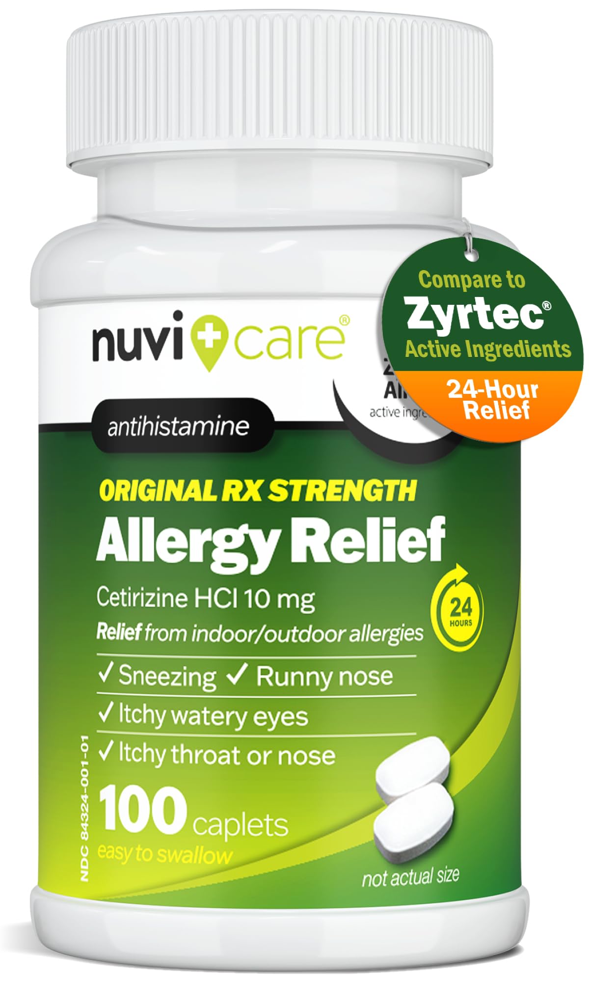 Nuvicare 24-Hour Allergy Medicine - Cetirizine Hydrochloride 10mg Tablets - Compare to the Active Ingredient in Zyrtec Antihistamine Meds - Generic Allergy Pills for All Day Allergy Relief (100 Count) - dailyvitalstore