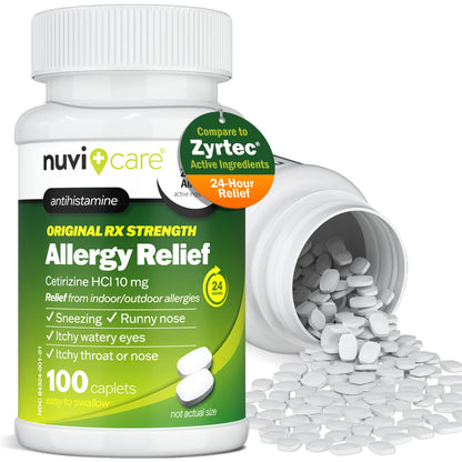 Nuvicare 24-Hour Allergy Medicine - Cetirizine Hydrochloride 10mg Tablets - Compare to the Active Ingredient in Zyrtec Antihistamine Meds - Generic Allergy Pills for All Day Allergy Relief (100 Count) - dailyvitalstore