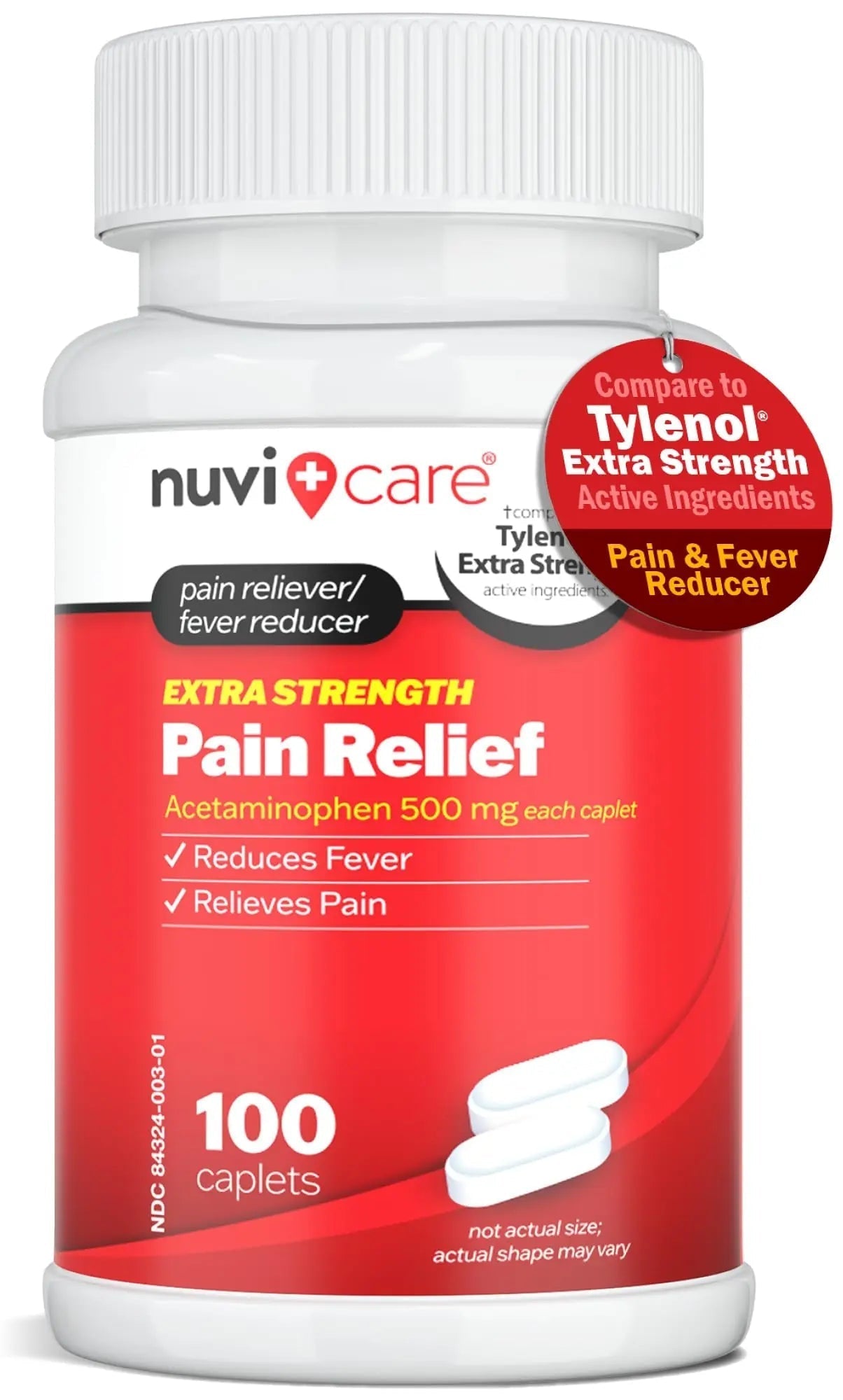 NUVICARE Acetaminophen 500mg Extra Strength Pain Relief - Compare to Tylenol Extra Strength Pain Reliever & Fever Reducer - 500mg Tablets for Adults for Headaches (100 Caplets) - dailyvitalstore