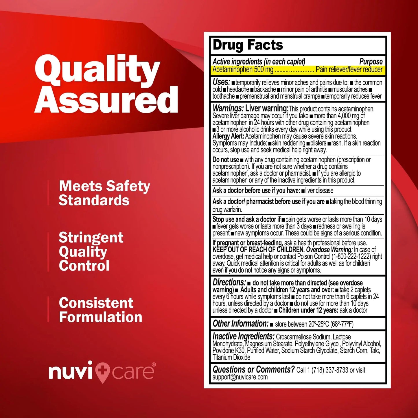 NUVICARE Acetaminophen 500mg Extra Strength Pain Relief - Compare to Tylenol Extra Strength Pain Reliever & Fever Reducer - 500mg Tablets for Adults for Headaches (100 Caplets) - dailyvitalstore