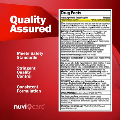 NUVICARE Acetaminophen 500mg Extra Strength Pain Relief - Compare to Tylenol Extra Strength Pain Reliever & Fever Reducer - 500mg Tablets for Adults for Headaches (100 Caplets) - dailyvitalstore