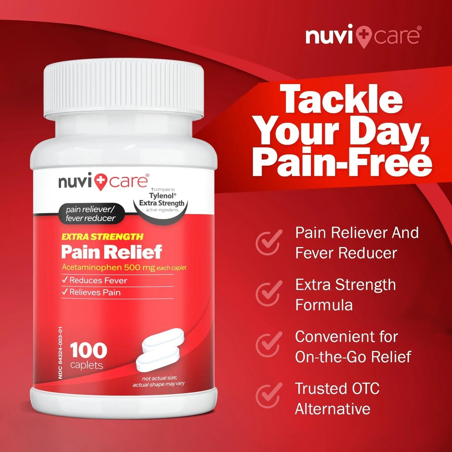 NUVICARE Acetaminophen 500mg Extra Strength Pain Relief - Compare to Tylenol Extra Strength Pain Reliever & Fever Reducer - 500mg Tablets for Adults for Headaches (100 Caplets) - dailyvitalstore