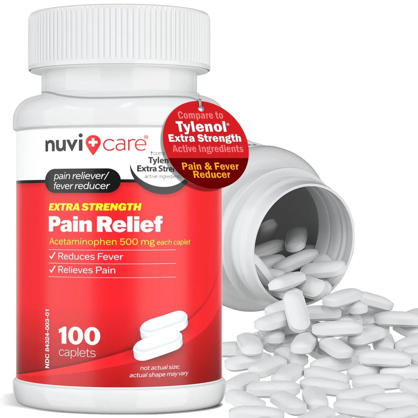NUVICARE Acetaminophen 500mg Extra Strength Pain Relief - Compare to Tylenol Extra Strength Pain Reliever & Fever Reducer - 500mg Tablets for Adults for Headaches (100 Caplets) - dailyvitalstore