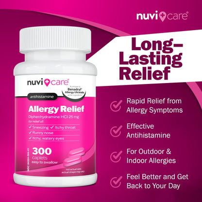 NUVICARE Allergy Relief Tablets - Diphenhydramine 25mg Antihistamine Tablets for Runny Nose, Sneezing, Itchy Eyes & Throat - Compare to Benadryl Allergy Meds - OTC Adult Allergy Medicine (300 Count) - dailyvitalstore