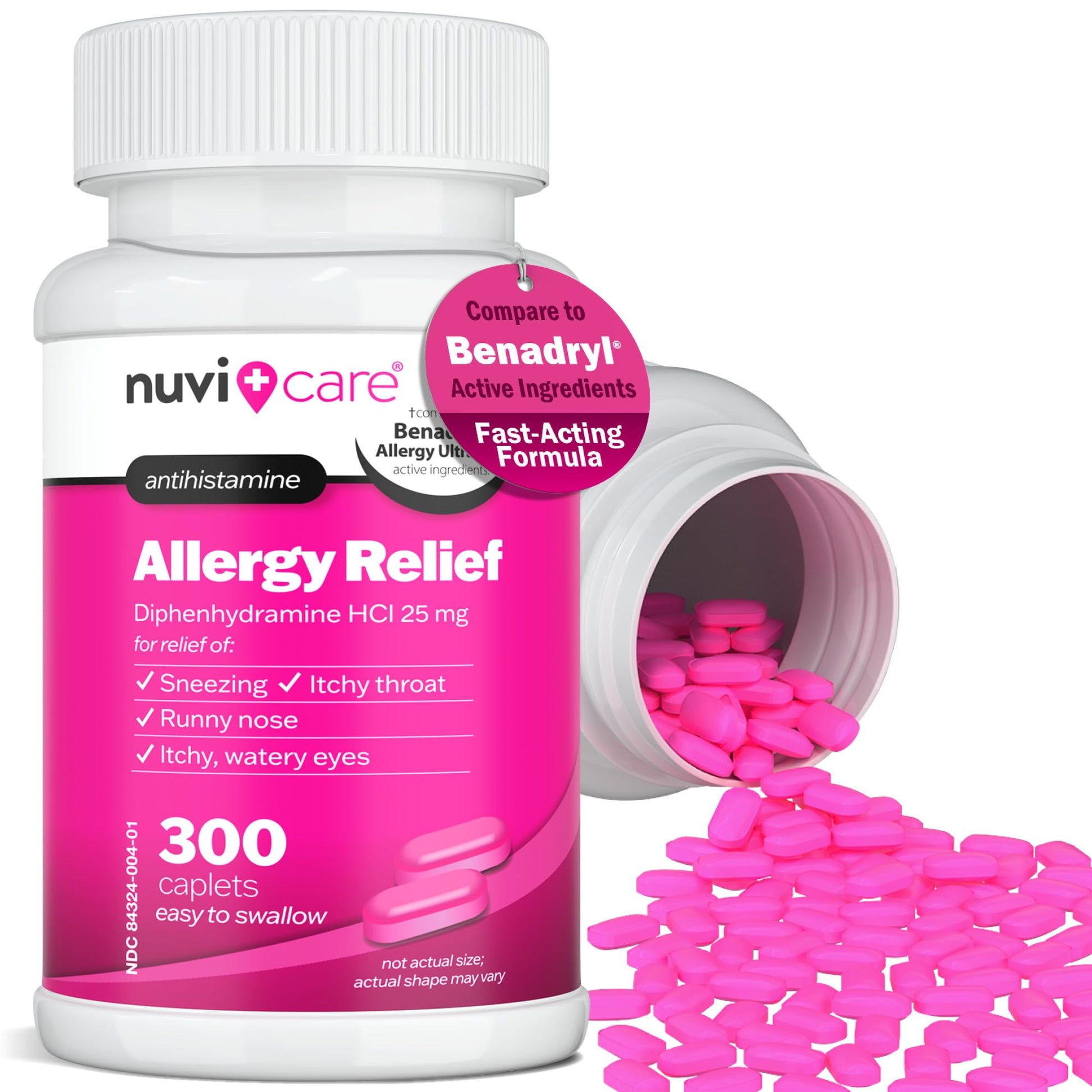NUVICARE Allergy Relief Tablets - Diphenhydramine 25mg Antihistamine Tablets for Runny Nose, Sneezing, Itchy Eyes & Throat - Compare to Benadryl Allergy Meds - OTC Adult Allergy Medicine (300 Count) - dailyvitalstore