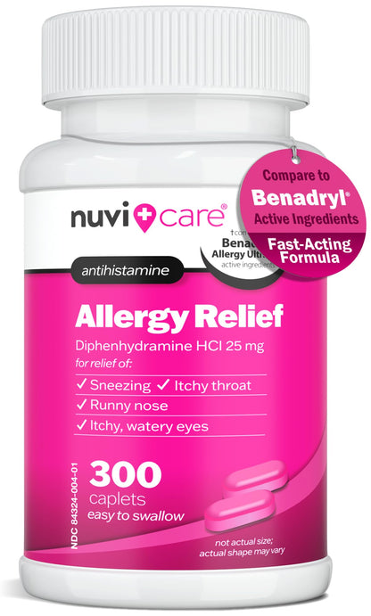 NUVICARE Allergy Relief Tablets - Diphenhydramine 25mg Antihistamine Tablets for Runny Nose, Sneezing, Itchy Eyes & Throat - Compare to Benadryl Allergy Meds - OTC Adult Allergy Medicine (300 Count) - dailyvitalstore