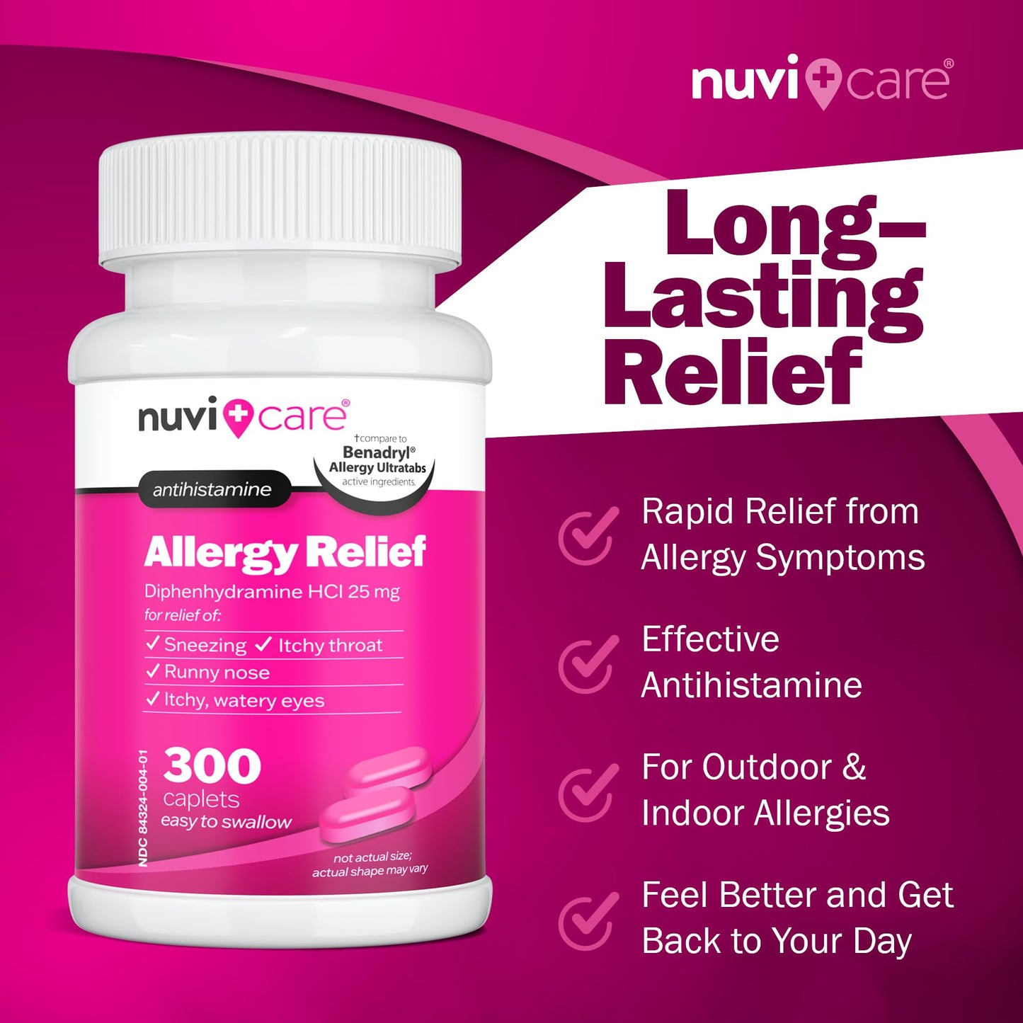 NUVICARE Allergy Relief Tablets - Diphenhydramine 25mg Antihistamine Tablets for Runny Nose, Sneezing, Itchy Eyes & Throat - Compare to Benadryl Allergy Meds - OTC Adult Allergy Medicine (300 Count) - dailyvitalstore