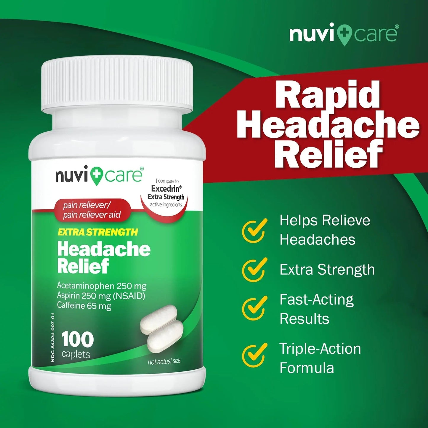NUVICARE Headache Relief with Acetaminophen 250 mg, Aspirin (NSAID) 250 mg, Caffeine 65 mg - Temporary Relief of Minor Aches & Pains - Compare to Excedrin Extra Strength Pain Reliever (2 Pack) - dailyvitalstore