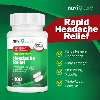 NUVICARE Headache Relief with Acetaminophen 250 mg, Aspirin (NSAID) 250 mg, Caffeine 65 mg - Temporary Relief of Minor Aches & Pains - Compare to Excedrin Extra Strength Pain Reliever (2 Pack) - dailyvitalstore