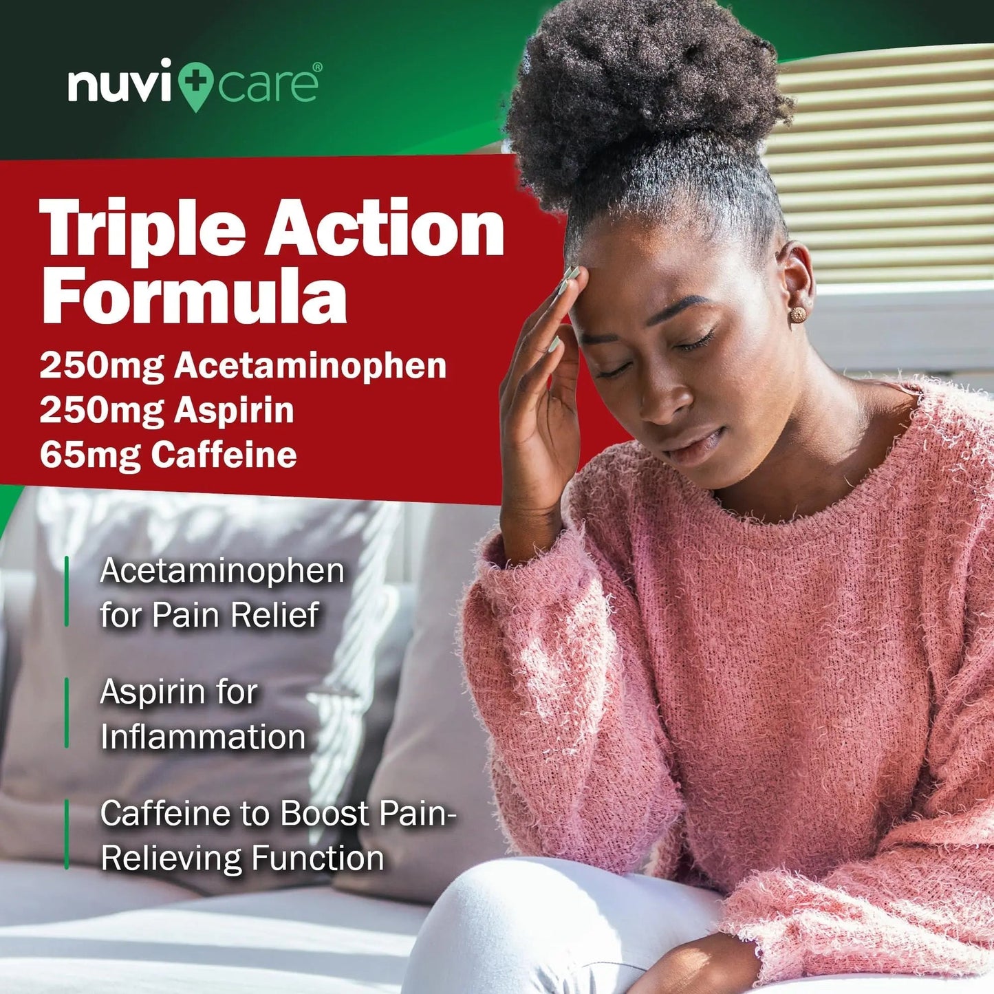 NUVICARE Headache Relief with Acetaminophen 250 mg, Aspirin (NSAID) 250 mg, Caffeine 65 mg - Temporary Relief of Minor Aches & Pains - Compare to Excedrin Extra Strength Pain Reliever (2 Pack) - dailyvitalstore